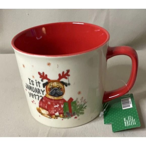 Pug Dog Puppy Mug Cup Ceramic Is It January Yet?? 17 Oz‎ NEW Sleigh Bell - Picture 1 of 6